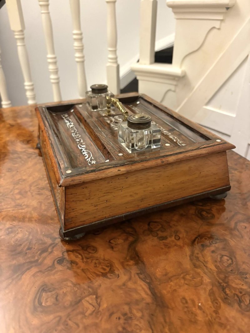Antique Regency Rosewood Inlaid Writing Desk Set with Inkwells